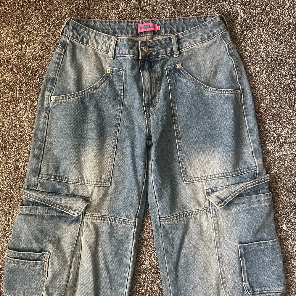 Edikted Denim Cargo Jeans Womens Medium Blue‎ Wide Leg Utility Pockets Y2K 2000s - Picture 2 of 16